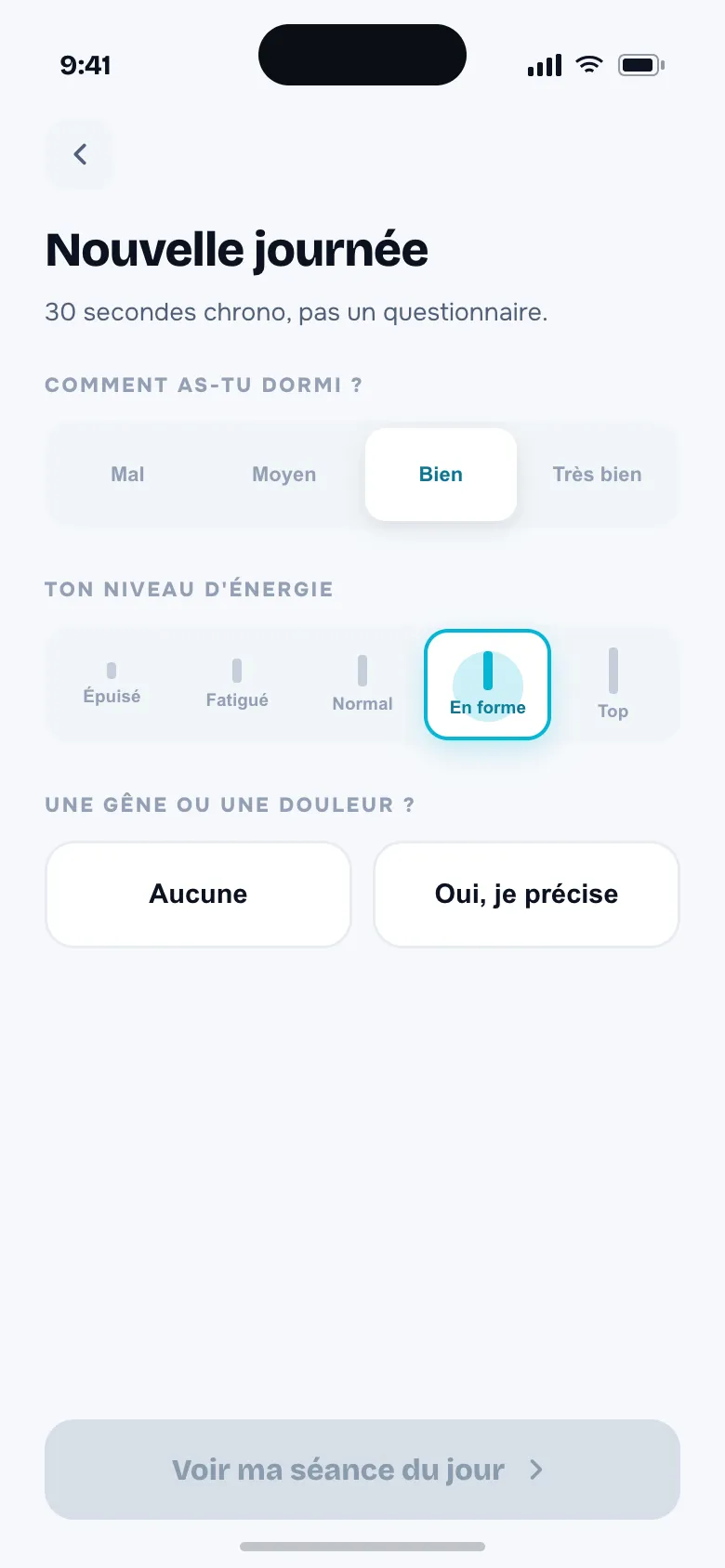 Écran de check-in du matin, sommeil et énergie